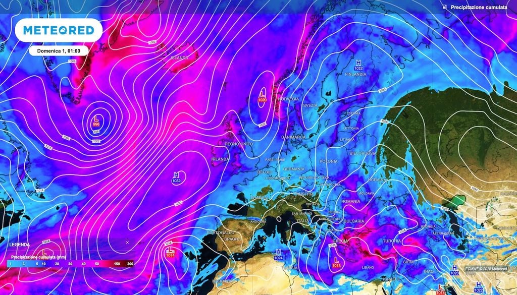 Le precipitazioni cumulate della settimana in corso vedono il nord e quasi tutto il centro all'asciutto, scenario non normale in questa stagione. Si nota la tendenza a formazione del blocco Scandinavo.