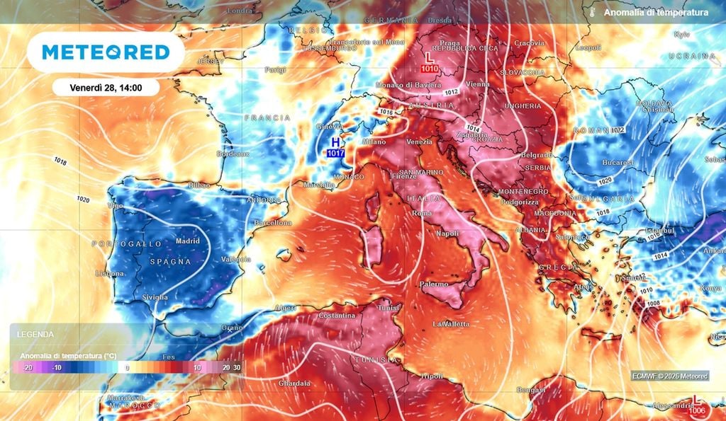 Anomalie termiche in Europa: più fresco della media in Spagna e Portogallo, più caldo della media del periodo in Italia in questo finale di agosto 2026.