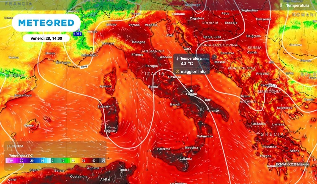 Temperature ben sopra i 40°C al Sud e in certe aree del Centro nel pomeriggio di venerdì 28 agosto 2026.