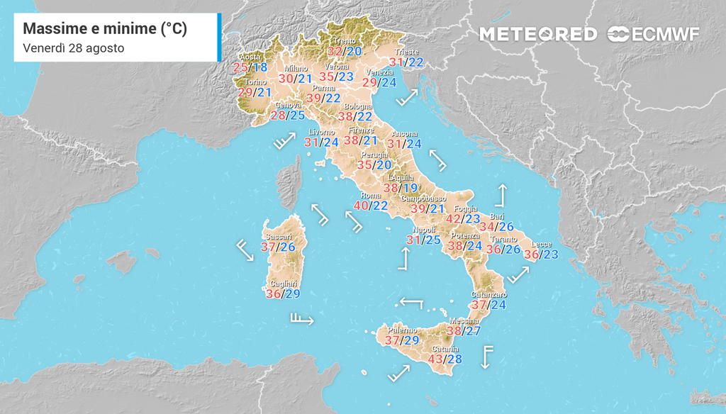 Le temperature massime e minime attese in Italia venerdì 28 agosto 2026.