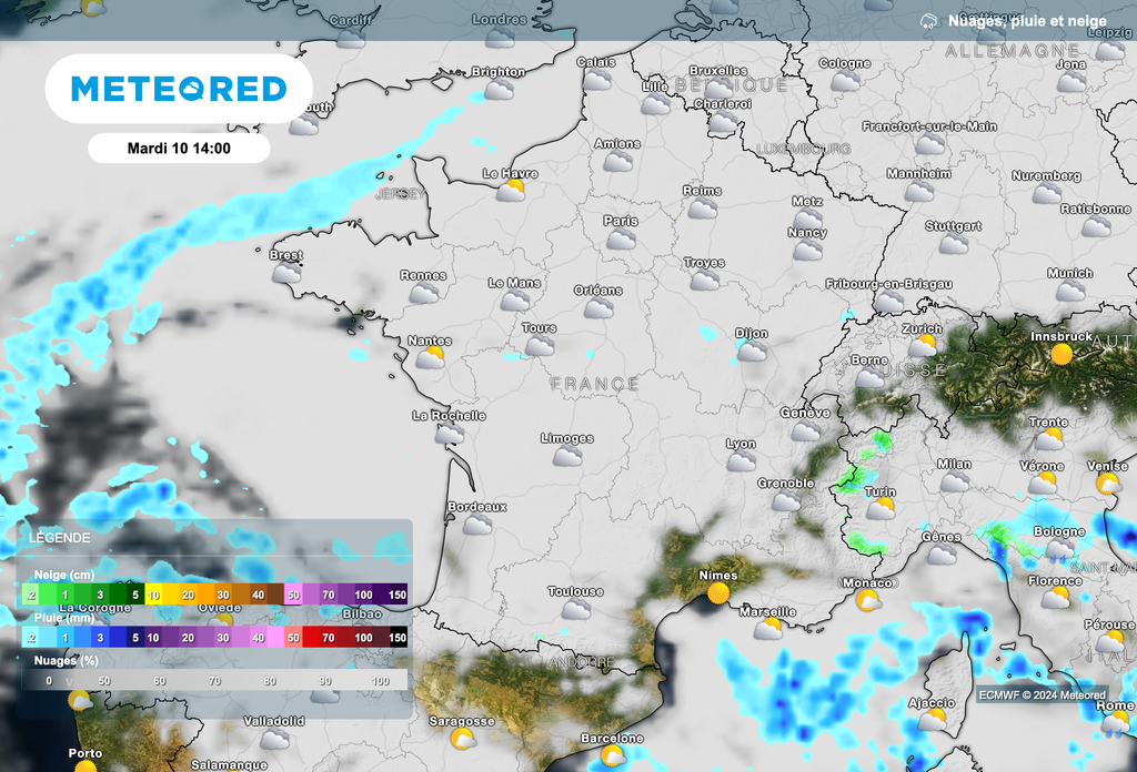 Un ciel souvent couvert ce mardi après-midi. Quelques éclaircies en direction de la Méditerranée. Un ciel souvent couvert ce mardi après-midi. Quelques éclaircies en direction de la Méditerranée.