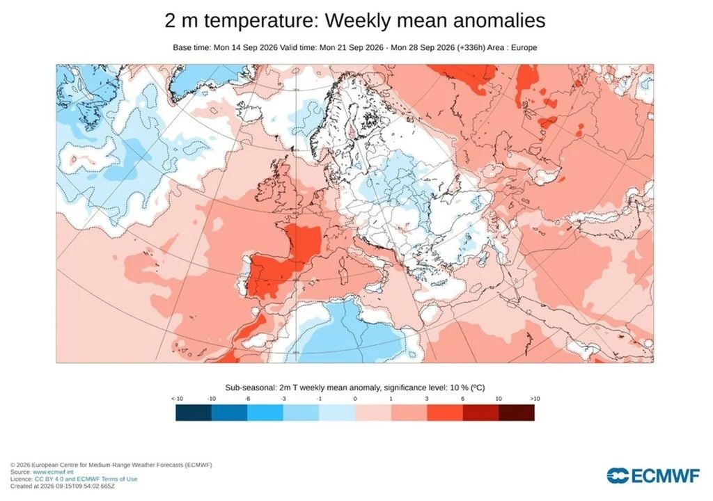 Previsione dell'anomalia di temperatura per il continente elaborata dal modello europeo per la settimana dal 21 al 28 settembre.