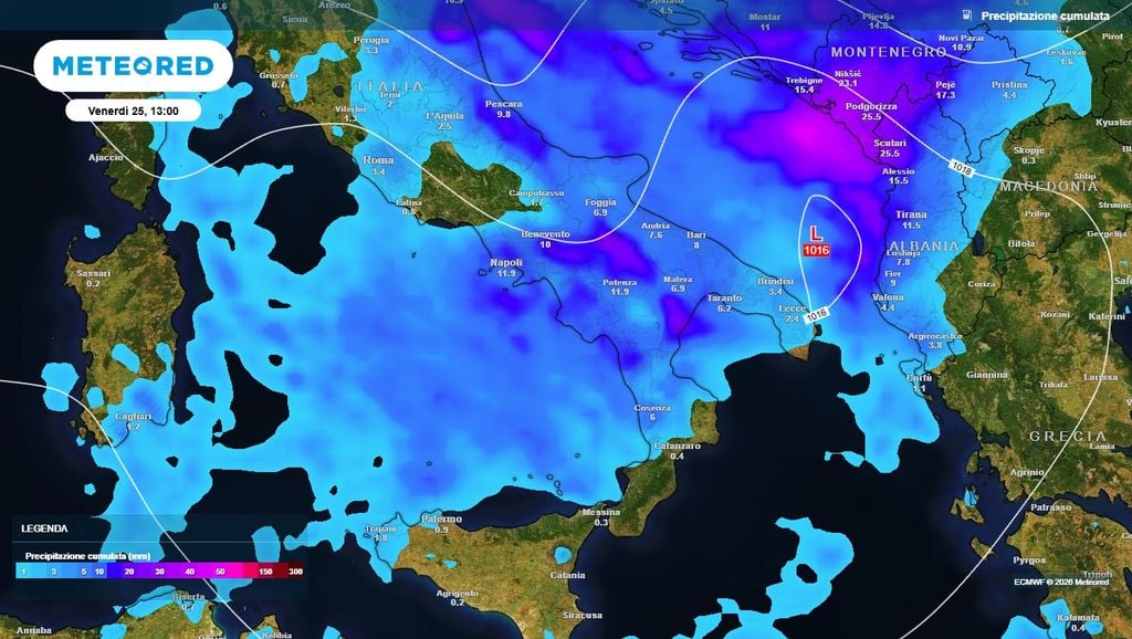 Il minimo sul basso Adriatico e le piogge distribuite su tutto il Meridione