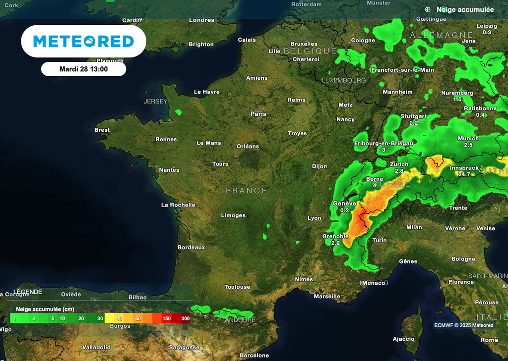 Chutes de neige parfois importantes dans les Alpes. Chutes de neige parfois importantes dans les Alpes.