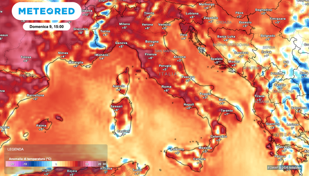 Mappa anomalie termiche previste per il weekend.