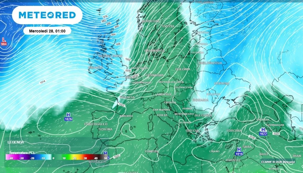 Dalla carta è possibile distinguere le zone di aria fredda e quelle di aria mite. Sull'Italia, nella prima parte della prossima settimana, dopo un primo calo del prossimo fine settimana, torneremo su temperature in linea con le medie del periodo o anche leggermente superiori al Centro-Nord. ECMWF-MeteoRed