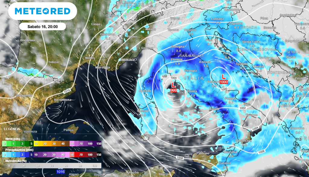 Il modello ECMWF ipotizza, per sabato, la formazione di un doppio minimo "ad occhiale", con un minimo secondario davanti alle coste abruzzesi. Questa caratteristica potrebbe rallentare il movimento del sistema depressionario e anche il successivo miglioramento.