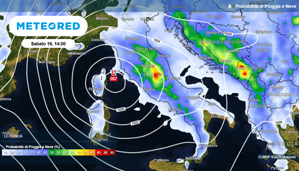 La settimana di maltempo culminerà sabato 16 maggio con una ciclogenesi: sarà elevata la probabilità di precipitazioni al centro-sud.