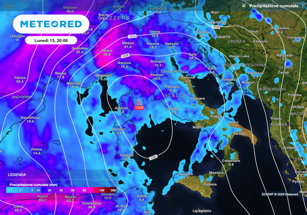 Il ciclone appare minaccioso ma in realtà i contrasti termici non sono molto accentuati per cui le piogge, pur consistenti, non sembrano raggiungere secondo ECMWF livelli da evento estremo.
