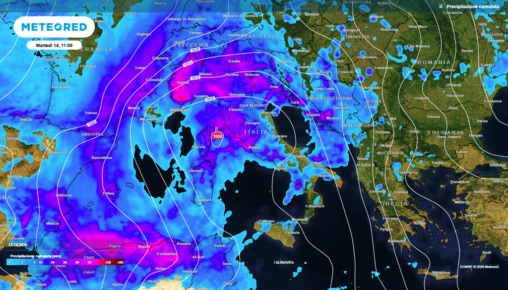 Il vortice afro mediterraneo in azione sull'Italia Minimo depressionario sul Tirreno con conseguenti accumuli per il Centro-Nord