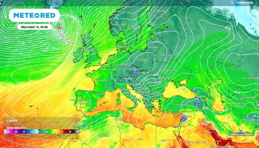 Pressione atmosferica. Il robusto promontorio anticiclonico che si andrebbe ad isolare sull'Europa centrale, con massimi di pressione al suolo pronti a superare i 1035 hPa.
