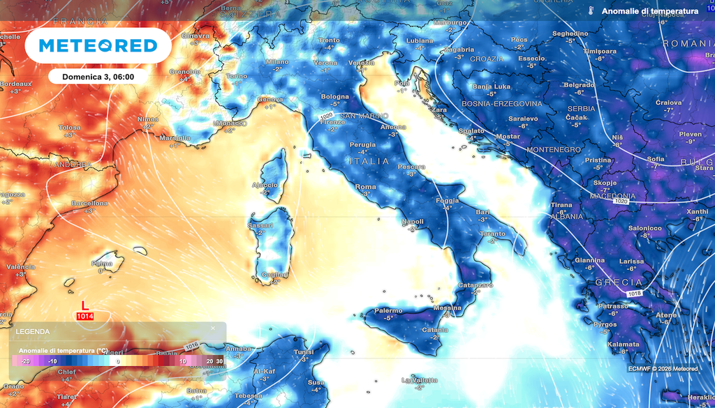 Giorni di forte escursione termica: come si nota dalla mappa domenica mattina le temperature saranno di 3-5°C sotto la media, ma al pomeriggio per opposto si misureranno valori di 3-5°C sopra i valori climatologici.