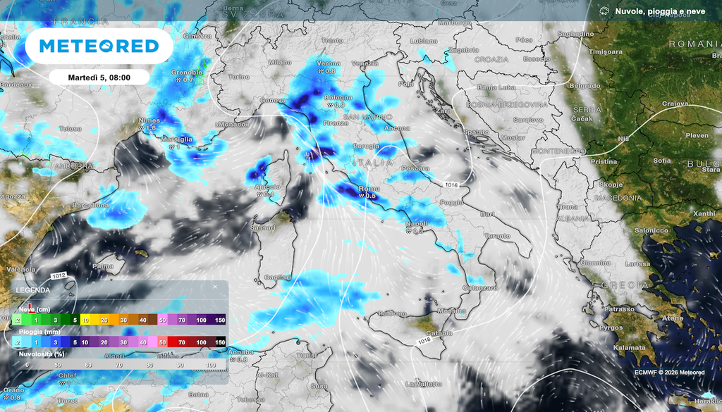 Piogge e temporali fra lunedì e soprattutto martedì, segnatamente al nord e al centro. La distrubuzione come si nota da ECMWF sarà molto irregolare, ma talora con fenomeni intensi.