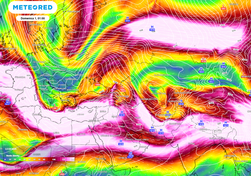 Getto polare. Si nota l'abbassamento di latitudine della corrente a getto polare che guida le perturbazioni lungo il Mediterraneo e verso l'Italia.