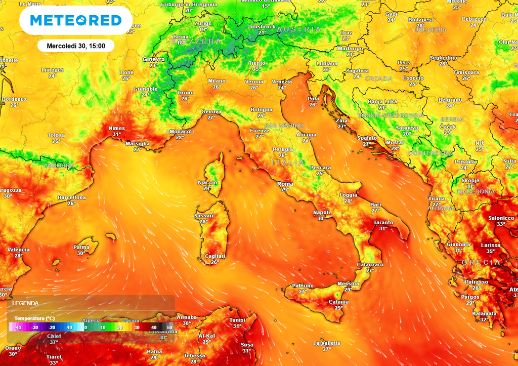 Temperature massime previste per mercoledì 30: in larga parte tra 25 e 30°C