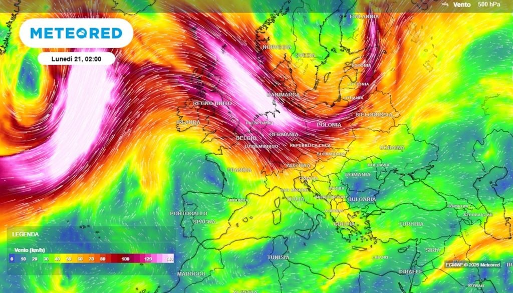Questa mappa della circolazione atmosferica prevalenti a 500 hPa prevista , riferita alla notte tra domenica 20 e lunedì 21, evidenzia la nuova rimonta anticiclonica presente tra la penisola iberica e la Francia, con l'Italia ai margini orientali dell'anticiclone. Questa situazione potrebbe porre le basi per nuove discese fresche e instabili dalle latitudini settentrionali verso la nostra penisola, nei giorni successivi (terza decade di settembre). Mappe ECMWF-MeteoRed.