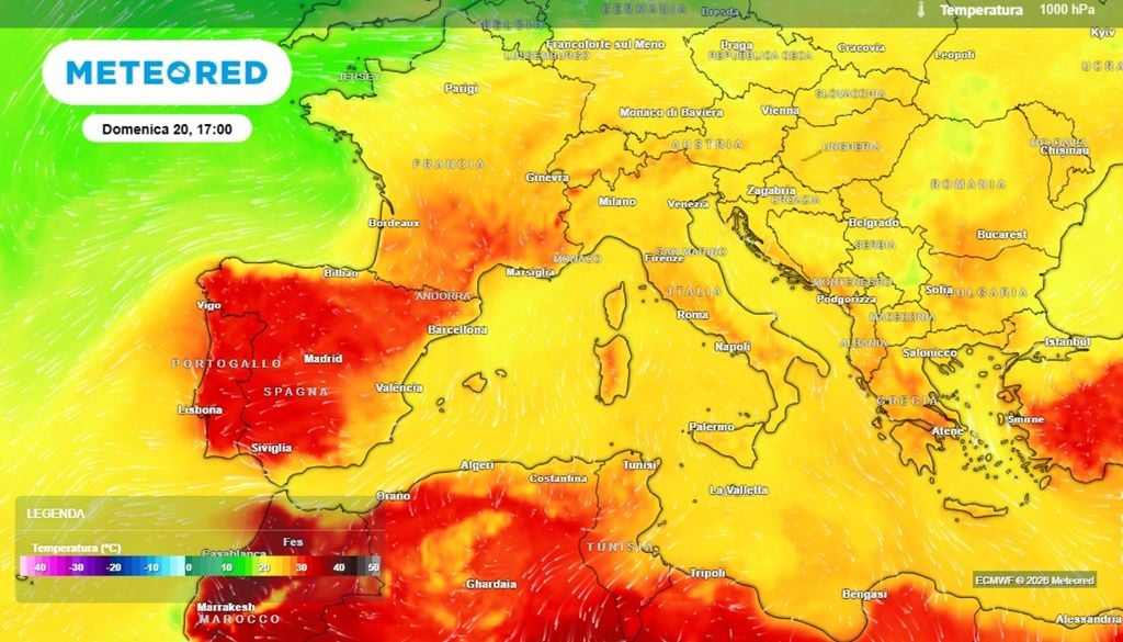 La mappa delle temperature a livello del mare prevista per domenica 20 settembre evidenzia la differenza netta tra il regime termico previsto sulla penisola iberica (con temperature nettamente sopra media) e quello previsto per l'Italia (con valori in linea con le medie del periodo). La tendenza successiva indica, al momento, una prospettiva in cui l'Italia rimarrà ai margini del dominio anticiclonico, con possibili discese fresche a mantenere il tempo relativamente instabile e le temperature non distanti dalle medie del periodo. Mappa ECMWF-MeteoRed