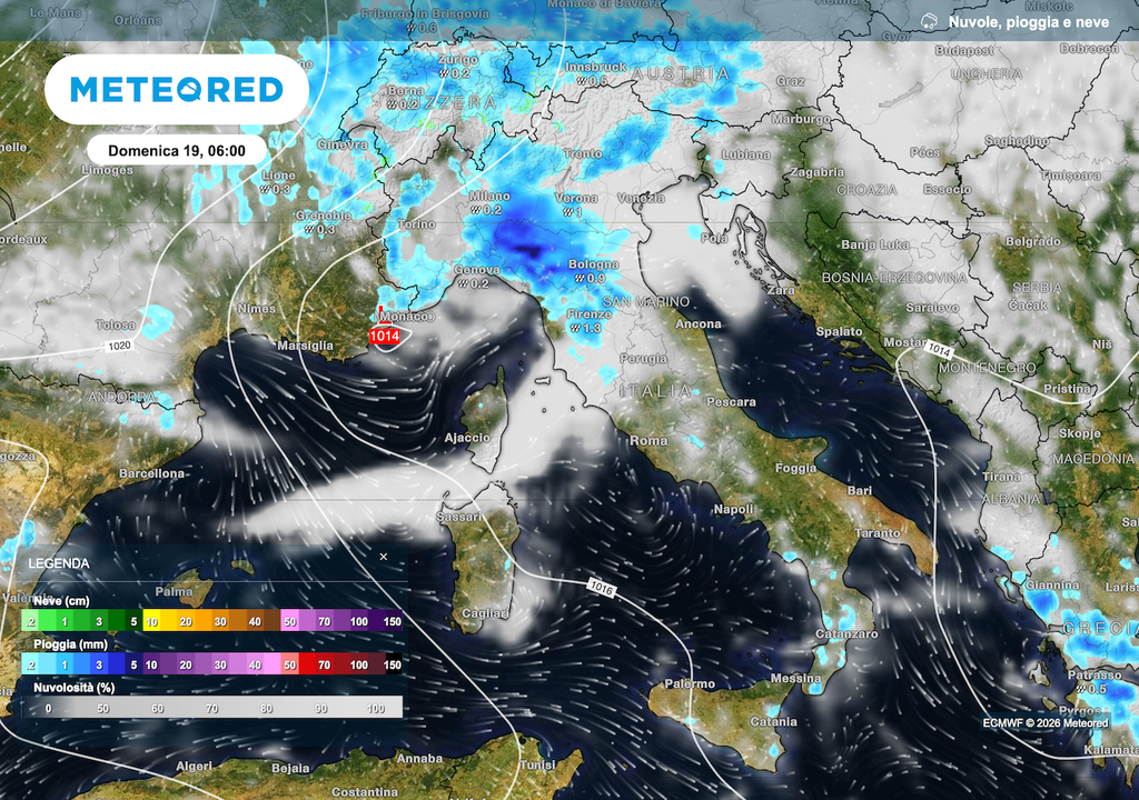 domenica 19 aprile 2026 è ai limiti della disponibilità delle nostre mappe, or ora sembra esserci secondo ECMWF un passaggio instabile, ma altri modelli vedono condizioni più stabili.