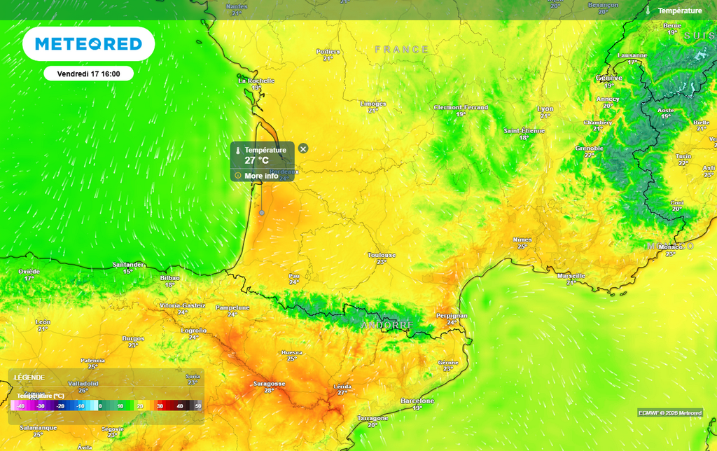 Le ressenti s'annonce estival ce vendredi après-midi entre le pourtour méditerranéen et la Nouvelle-Aquitaine avec des pointes à 27 voire 28°C dans l'intérieur des terres !