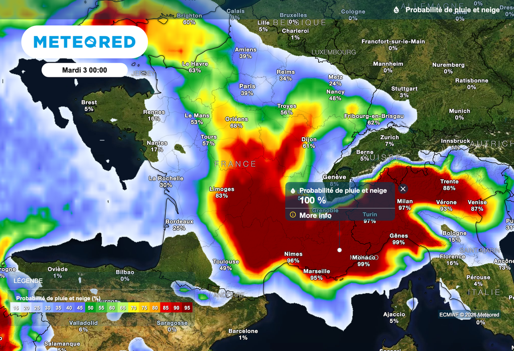 Fortes précipitations la nuit prochaine dans le sud-est de la France.
