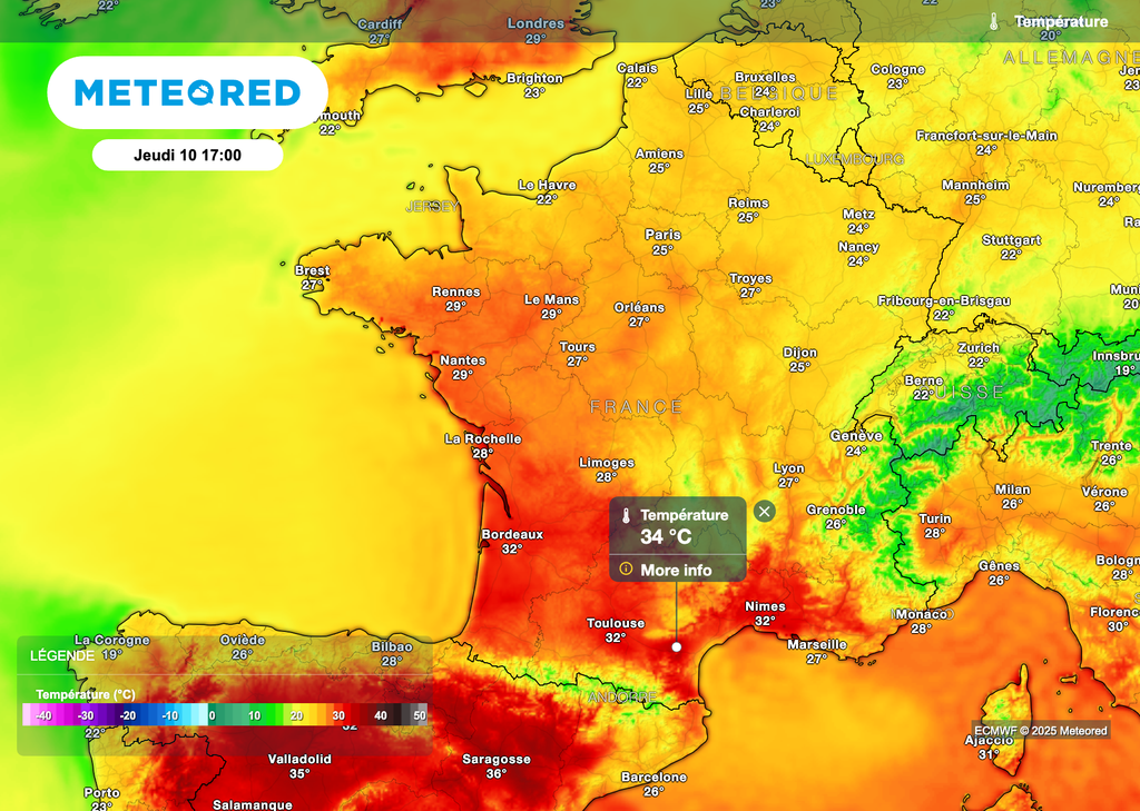 Températures prévues cet après-midi en France.