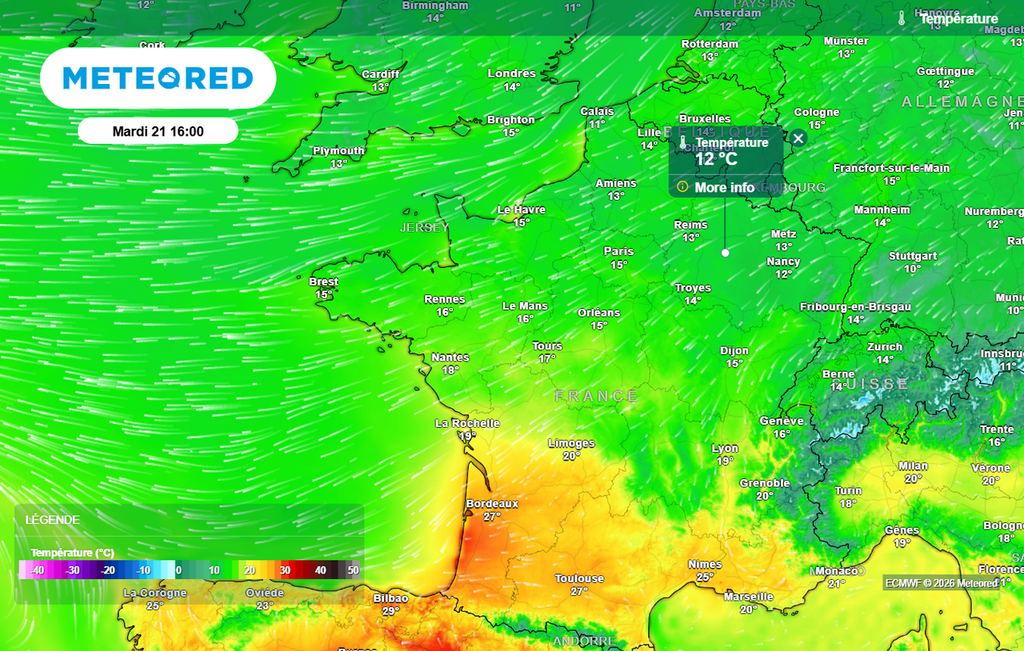 Le ressenti restera frais sur le nord du pays cet après-midi avec des maximales sous les normales de saison et un vent continental accentuant la sensation de fraîcheur