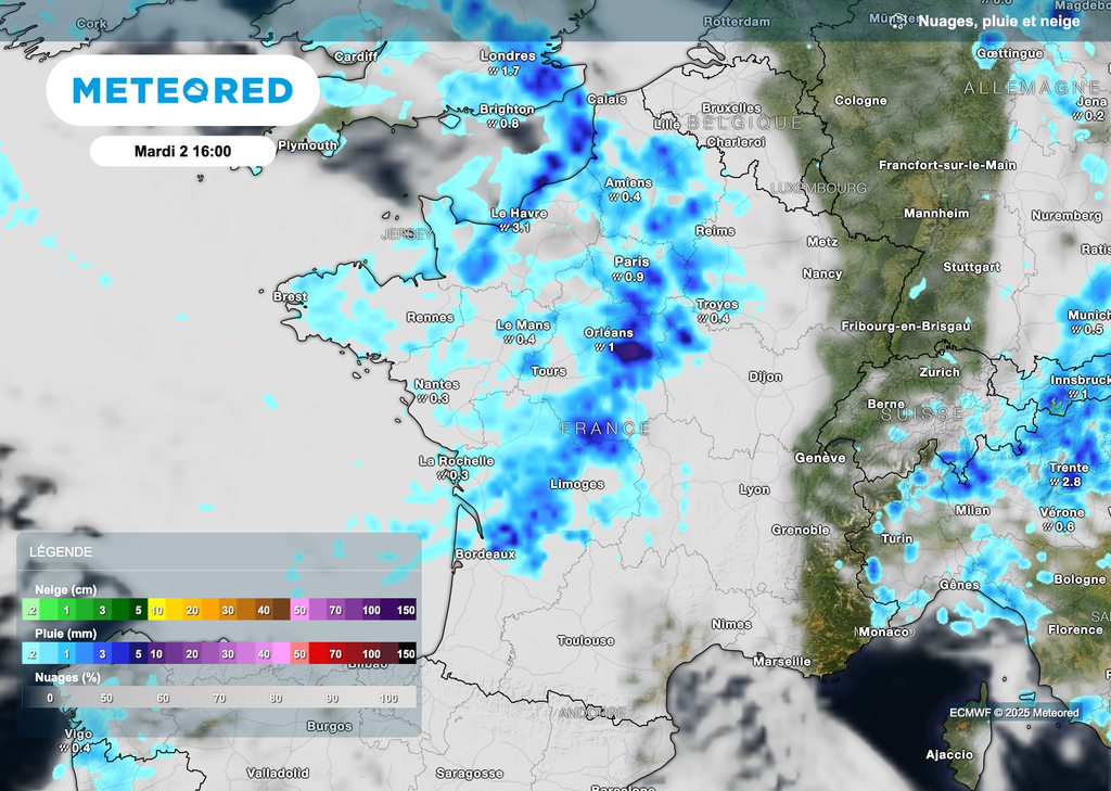 Perturbation pluvieuse ce mardi dans le nord-ouest de la France.