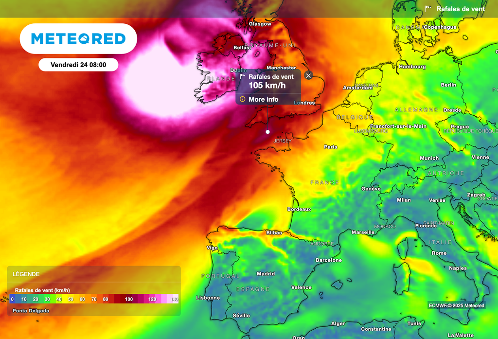 Rafales à près de 100 km/h le long de la Manche.