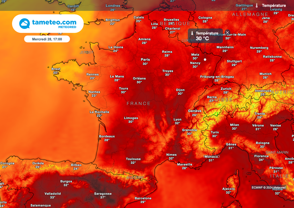 Une trentaine de degrés mercredi après-midi sur la moitié nord de la France.