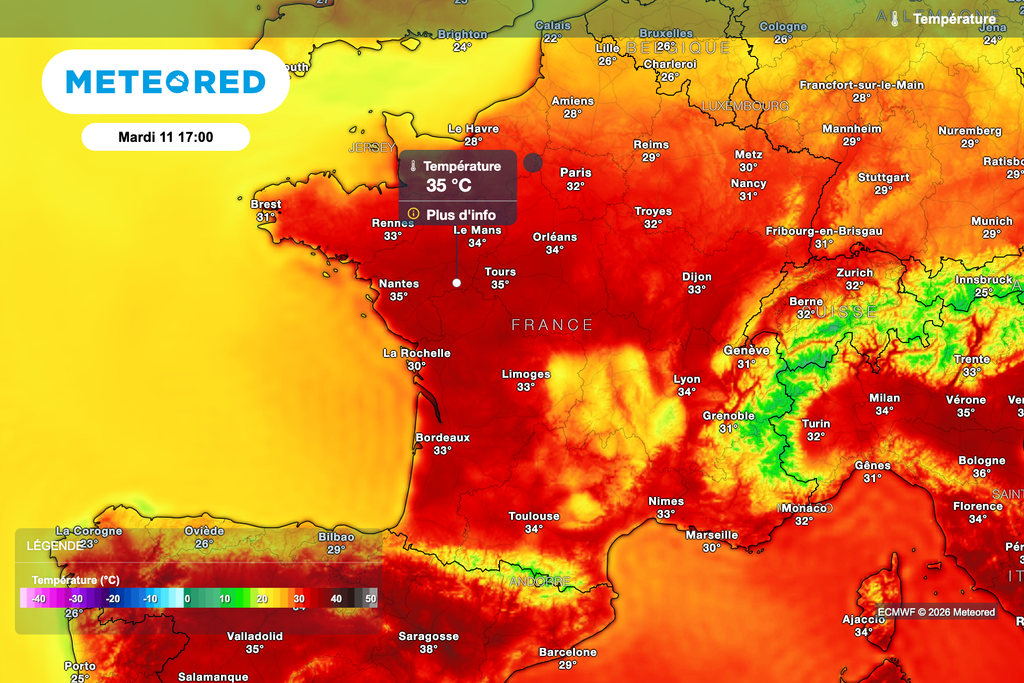 Des pointes à près de 35 degrés dans le nord-ouest de la France mardi après-midi d'après le modèle européen. Des pointes à près de 35 degrés dans le nord-ouest de la France mardi après-midi d'après le modèle européen.