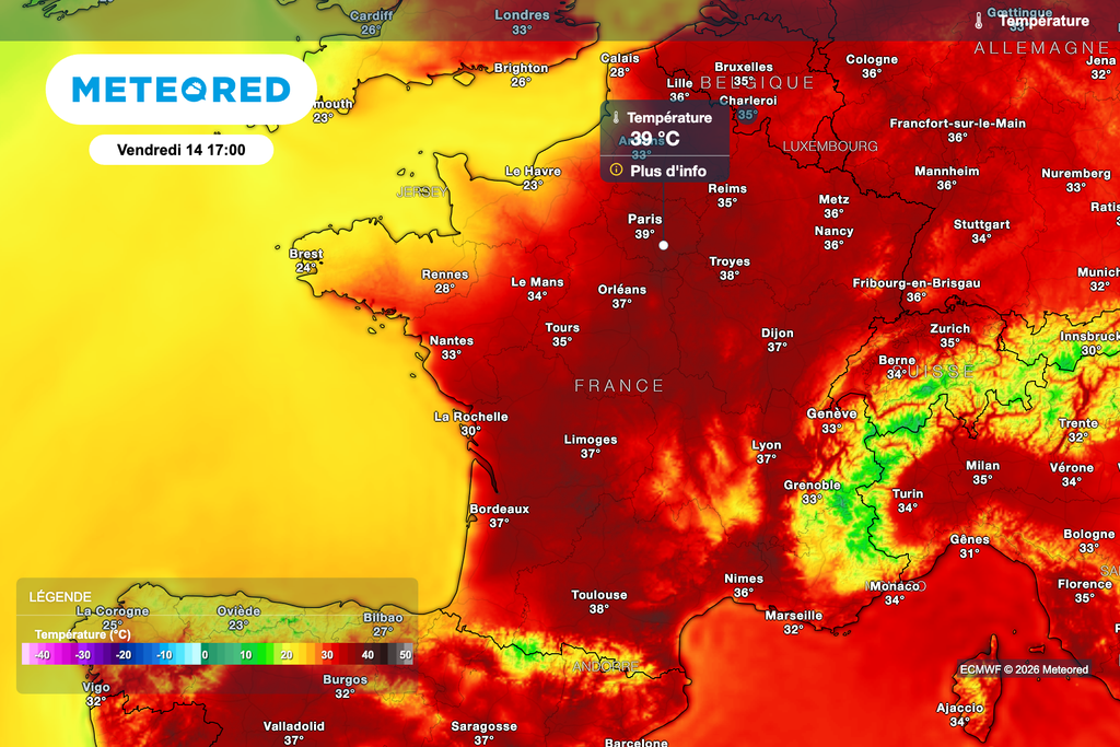 Près de 40 degrés en Île-de-France vendredi après-midi d'après le modèle européen. Près de 40 degrés en Île-de-France vendredi après-midi d'après le modèle européen.