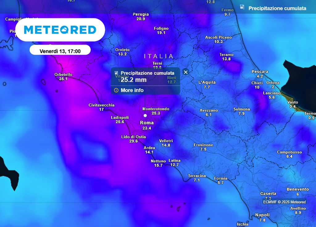 Ecco le piogge cumulate previste tra giovedì e venerdì su Roma
