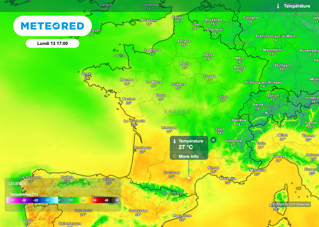 Plus de 25 degrés dans le sud de la France en tout début de semaine prochaine, avant une baisse des températures mardi.