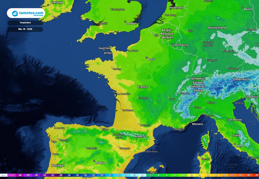 Carte des températures mardi 30 novembre à 16h Carte des températures mardi 30 novembre à 16h