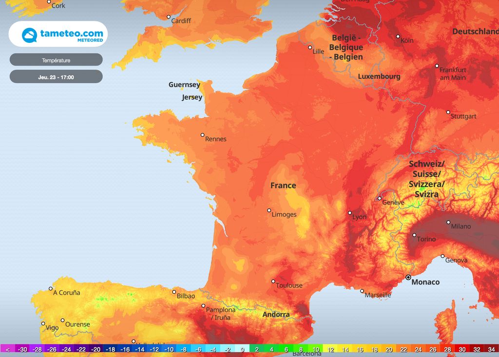 Carte des températures jeudi 23 juin à 17h Carte des températures jeudi 23 juin à 17h