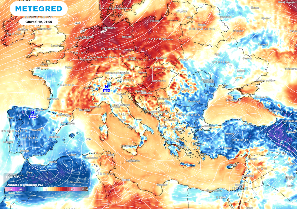 La vasta area anticiclonica che continua a rendere il clima piuttosto mite in Europa.