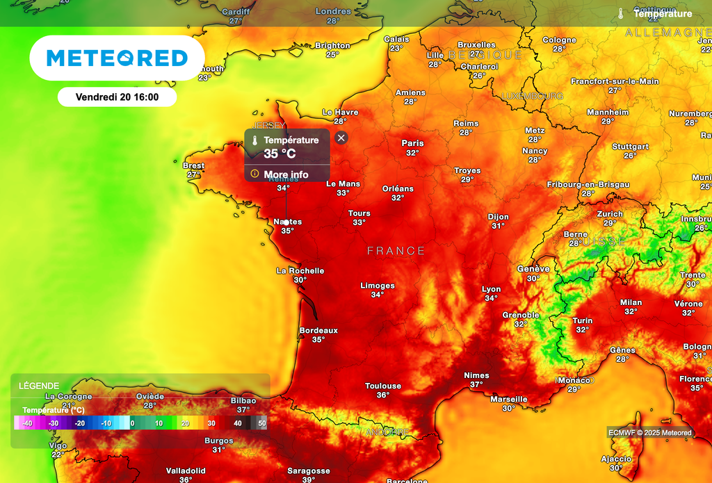 33°C à Paris cet après-midi, 35°C à Tours, 36°C à Nantes et 37°C à Bordeaux. 33°C à Paris cet après-midi, 35°C à Tours, 36°C à Nantes et 37°C à Bordeaux.