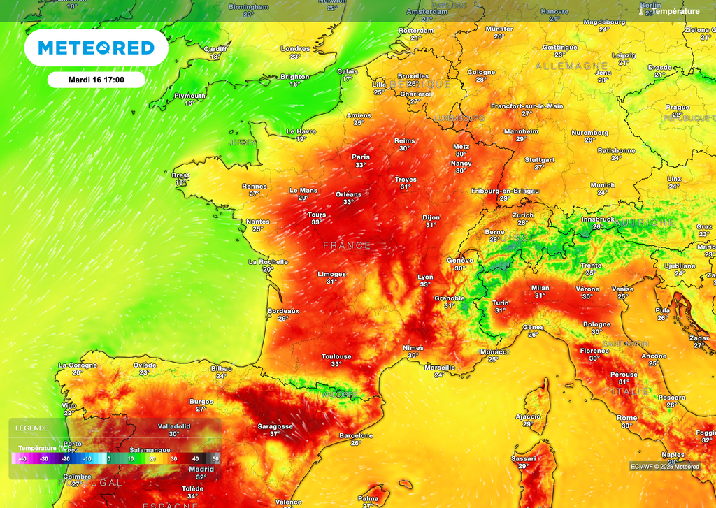 Fortes chaleurs pouvant alimenter des orages orographiques. Fortes chaleurs pouvant alimenter des orages orographiques.