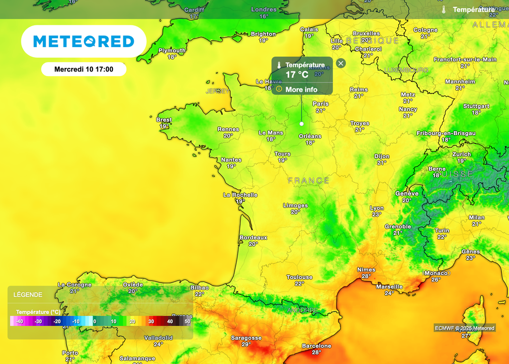 Maximales inférieures à 20°C dans le nord-ouest de la France.