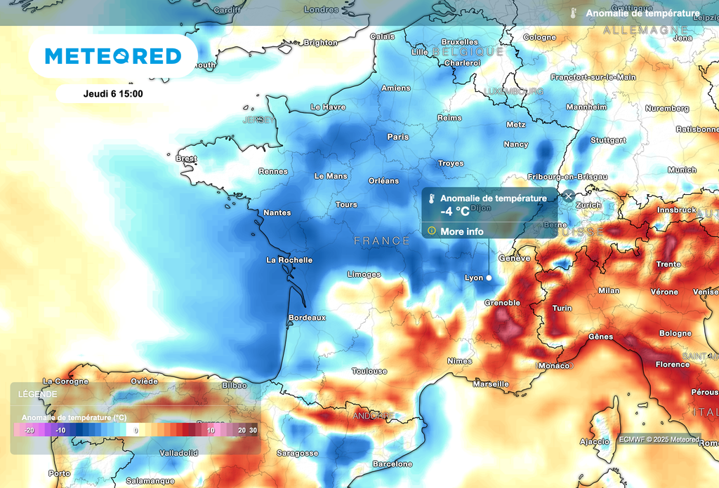 Températures souvent sous les normales de saison ce jeudi après-midi, du moins sur une large moitié nord de la France. Températures souvent sous les normales de saison ce jeudi après-midi, du moins sur une large moitié nord de la France.