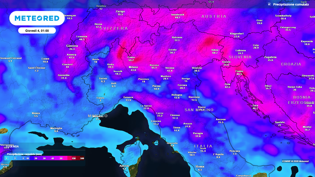 Pioggia prevista per la settimana Oltre 50 millimetri su molte aree del Nord