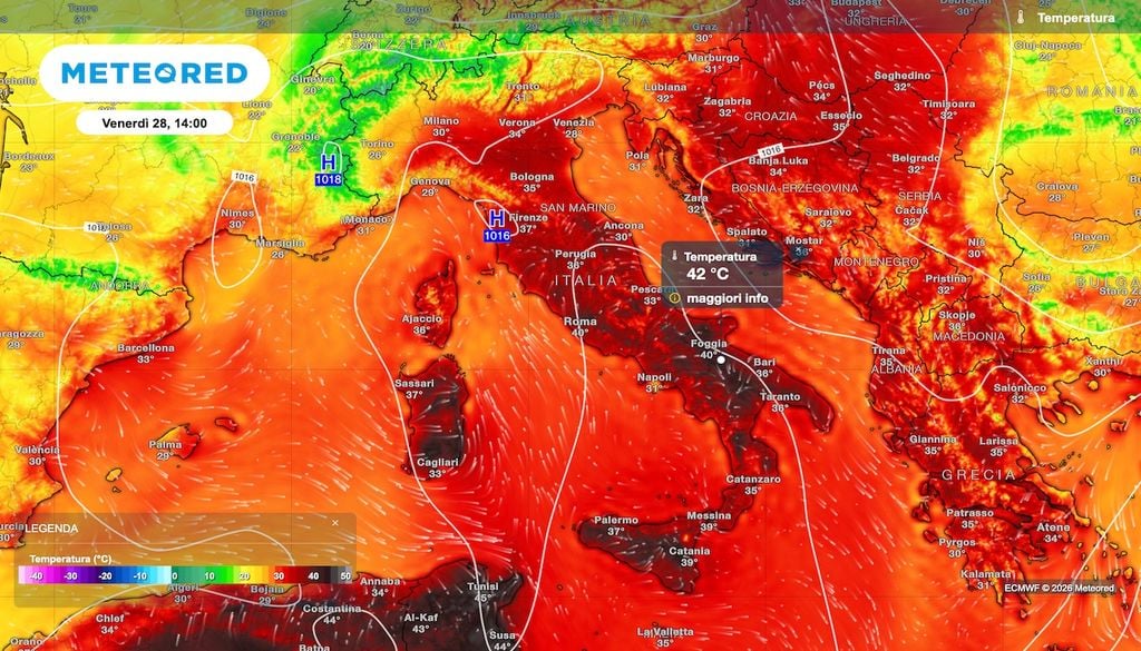 Temperature previste da ECMWF per venerdì 28 agosto 2026.