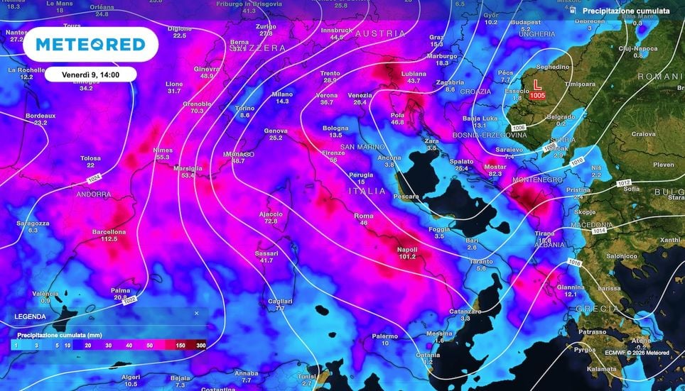 Les cumuls de précipitations prévus pour la semaine prochaine : les détails restent encore incertains, mais les pluies devraient concerner peu ou prou l’ensemble de l’Italie.