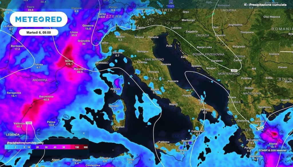 Ancora le piogge cumulate ECMWF non mostrano l'arrivo delle tanto attese e imporanti precipitazioni autunnali. Da seguire però la zona fra Francia e Baleari, da cui potrebbe evolvere un ciclone in movimento verso la Sardegna.