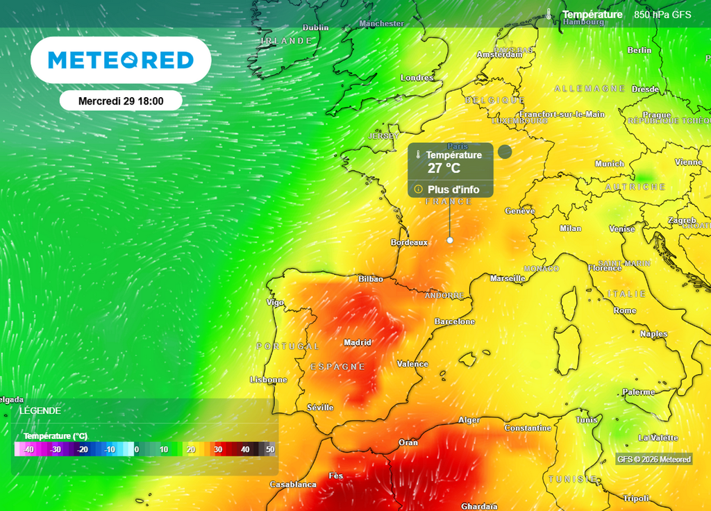 De l'air très chaud est advecté vers la France depuis le nord-ouest de l'Afrique cette semaine avec parfois plus de 25°C à 850 hPa