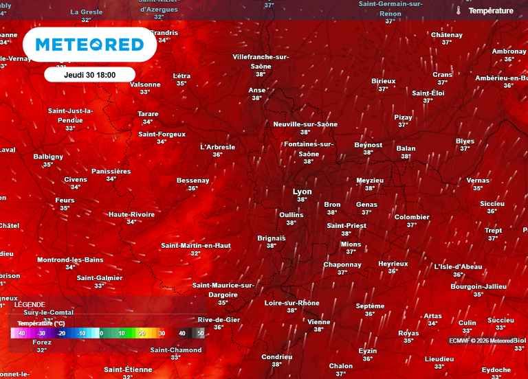 M&eacute;t&eacute;o Lyon : Les temp&eacute;ratures atteindront 40 &deg;C. Voici la trajectoire de la vague de chaleur pour les 7 prochains jours.