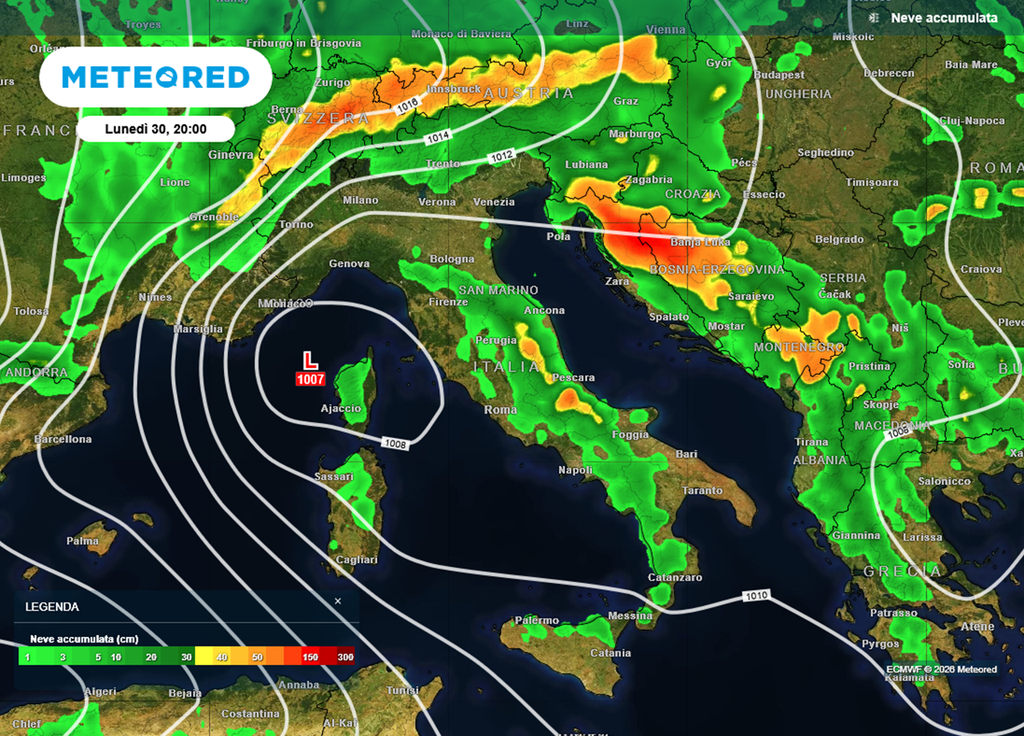 neve Previsioni di accumulo nevoso nei prossimi giorni in Italia.