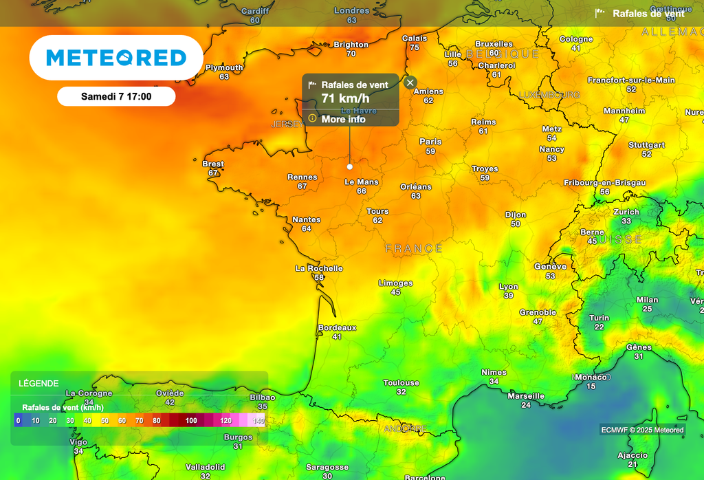 Rafales à près de 80 km/h samedi après-midi le long de la Manche.