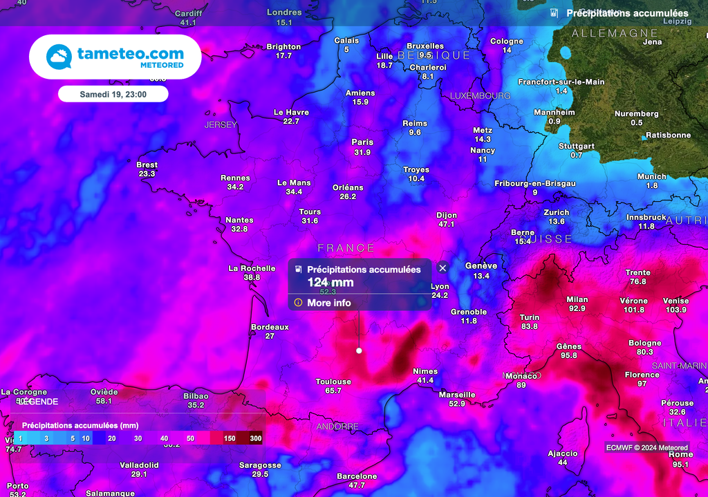 Cumuls de pluie attendus à l'échelle de la France. Cumuls de pluie attendus à l'échelle de la France.