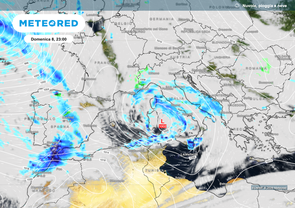 La corrente a getto nei prossimi giorni si posizionerà più bassa di latitudine, le perturbazioni interesseranno soprattutto il centro sud. Secondo ECMWF si potrebbero anche isolare pericolosi cicloni extratropicali sul Mediterraneo centrale, qui la situazione prevista domenica.